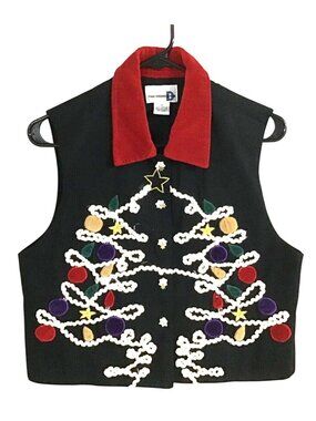 Paul Harris Design Vintage Velveteen Collared Embroidered Christmas Tree Vest